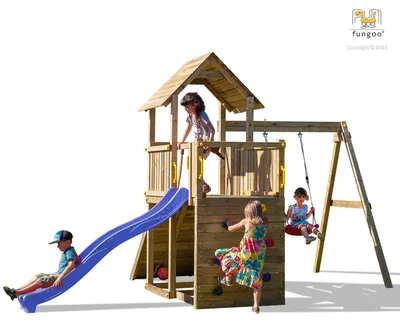 Produktbild von Fungoo Spielturm "Carol 3" natur mit Rutsche, Schaukel, Kletterwand, Rampe und Holzdach