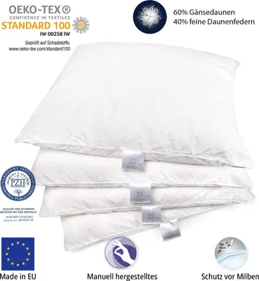 A stack of white pillows with various certification labels and text overlays.