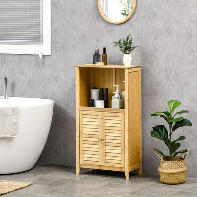 Produktbild von Badezimmerschrank Standregal mit 2 Lamellentüren, Bambus Aufbewahrungsschrank, offenem Regal, Natur | 50 x 25,5 x 92 cm | Kippsicherung | 6,5 kg