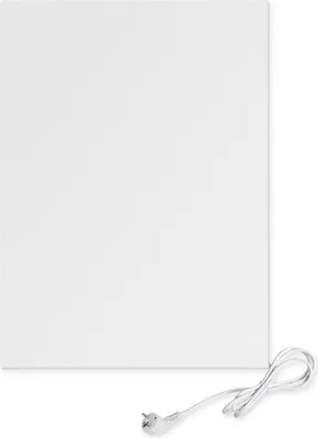 A white infrared heating panel with a white power cord and plug on a white background.