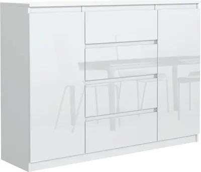 Produktbild von meble masztalerz Kommode Weiß Hochglanz 4 Schubladen 2 Türen 140 cm - Sideboard für Wohnzimmer
