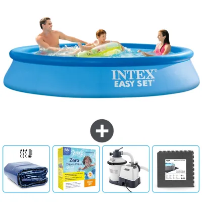 Produktbild von Intex runder aufblasbarer Easy Set-Pool – 305 x 61 cm – Blau – im Lieferumfang enthalten Sonnensegel - Wartungspaket - Filterpumpe für Schwimmbad - Bodenfliesen