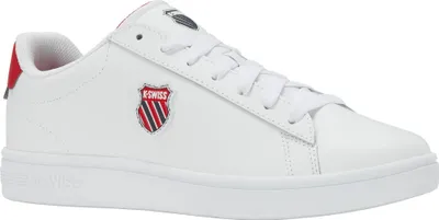A white K-Swiss sneaker with red accents.