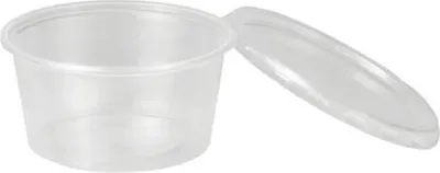 A clear plastic container with its lid placed to the side.