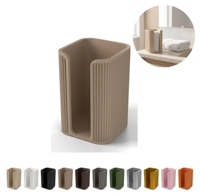 Produktbild von Wattepad Spender mit Entnahmeschlitz, 10,3 cm hoch, aus PLA – Eiche