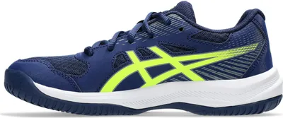 A side view of a blue and yellow Asics UPCOURT 6 GS kids hallensportschuh.