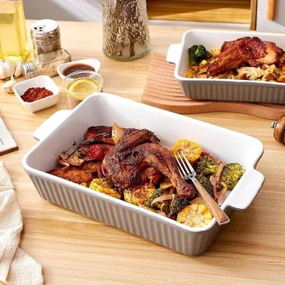 Image de Lot de plats de cuisson en céramique, plats à lasagnes rectangulaires avec poignées en céramique, 33 x 23 cm, en porcelaine.