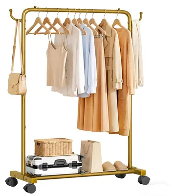 Kleiderregal auf Rollen, Metall, gold, 80x40x138 cm, 54,4 kg Tragkraft