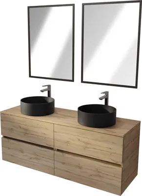 Image de Meuble Salle de Bains 140 TIMBERReproduction Chêne 4 Tiroirs - Vasques à Poser Noires - 2 Miroirs 60x80