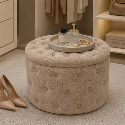 Produktbild von riess-ambiente Hocker MODERN BAROCK 60cm champagner greige Bouclé Sitzhocker mit Stauraum