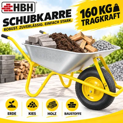Produktbild von HBH® Schubkarre 85 Liter Garten Farbe gelb Profi Gartenschubkarre Luftrad 160kg