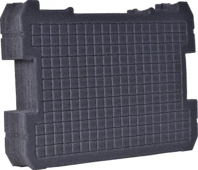 A dark gray foam insert with a grid pattern, designed to fit inside a storage box.
