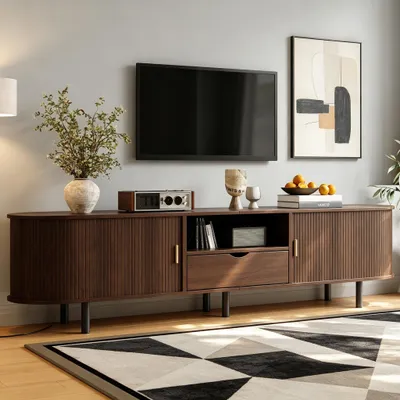 Produktbild von okwish Moderner TV Schrank mit zwei Rolltüren und Staufach, lowboard mit Schubladen, Fernsehbank abgerundetem Design, Nussbaum