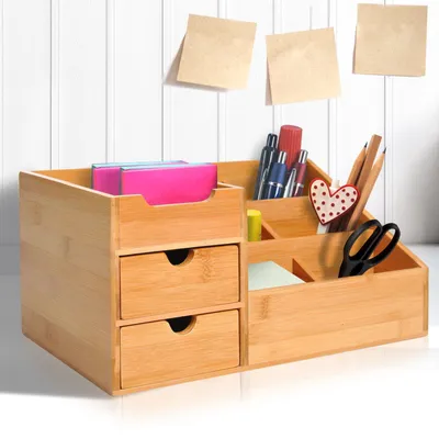 Obrázok produktu pre Organizér na písací stôl z bambusu s 2 zásuvkami a 7 priehradkami | Farba: Hnedá | Rozmery: 12,99 x 8,07 x 6,1 cm