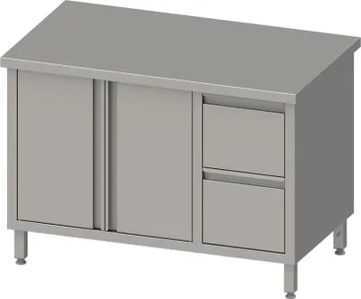 Produktbild von Arbeitsschrank mit Flügeltüren, 1600x600x850 mm, mit 2er Schubladenblock rechts, ohne Aufkantung, verschweißt