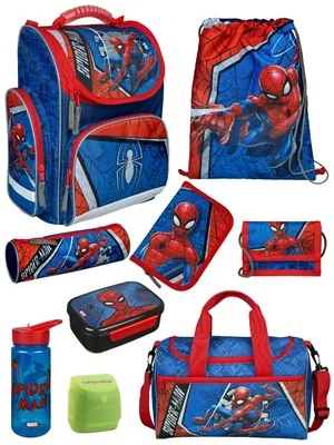 Produktbild von Spiderman Schulranzen 1. Klasse ergonomischer Tornister in Blau 9-tlg. Set mit Brotdose, Trinkflasche und Sporttasche