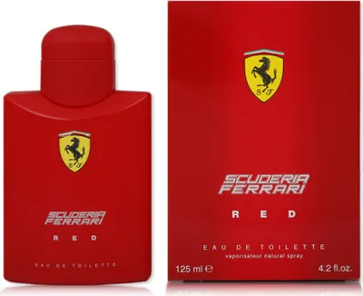 A red bottle of Ferrari Scuderia Ferrari Red Eau de Toilette and its packaging are displayed against a white background.