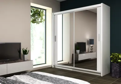 Produktbild von Kleiderschrank Paris mit Spiegel 160 cm, Schwebetürenschrank, Garderobeschrank Schlafzimmer; Wohnzimmerschrank; Korpus Schrank Farbe: Weiss; Farbe der Schrankfront: Weiss