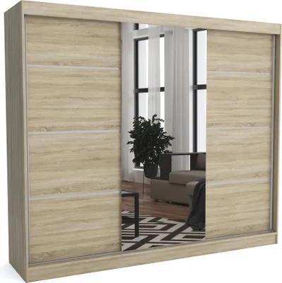 Produktbild von Brent - Kleiderschrank mit Spiegel Tom, Schlafzimmerschrank mit 1 Kleiderstange und Einlegeböden für Kleidung, 250x215x60 cm, Sonoma Eiche