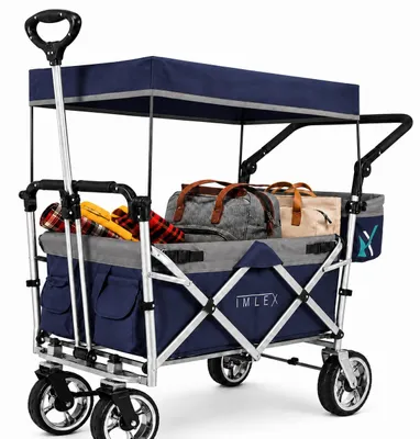 Produktbild von IMLEX Bollerwagen faltbar mit Dach IM-4268 Mitternachtblau | Hohe Stabilität, 1X 3-Punkt Gurtsystem | Handwagen klappbar mit Schiebegriff ideal für 2 Kinder