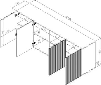 An isometric technical drawing of a white sideboard with black legs and fluted front panels, showing dimensions.
