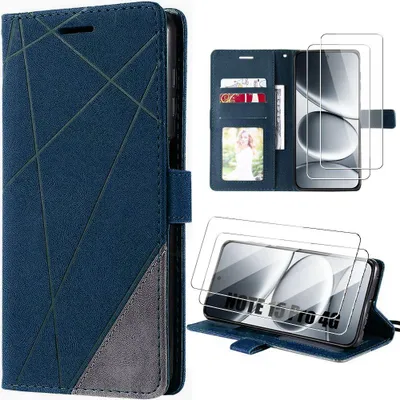 Image de Coque + 2 Verres Trempés pour Xiaomi Redmi Note 15 Pro 4G, Synthécuir Anti-Rayures Bleu Marine