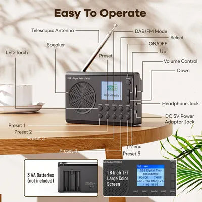 Produktbild von Tragbares FM/DAB-Radio – Retro-Kurzwellenempfänger mit 40 Voreinstellungen und LED-Taschenlampe