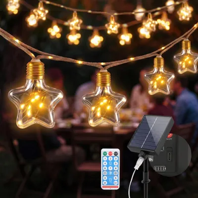 Produktbild von SALCAR 5M Solar Lichterkette Außen Vintage Hanfseil 10 Glühbirnen LED Stern Solar Lichterkette Aussen 8 Modi Outdoor Lichterkette Deko