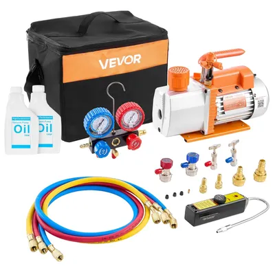 Zdjęcie produktu dla Pompa próżniowa VEVOR z manometrem, 7 CFM 198 l/min, 2-stopniowa łopatkowa pompa próżniowa, 550 W Zestaw pompy próżniowej do R134a, R22 i R410a, z torbą transportową z wykrywaczem nieszczelności, do samochodowych układów klimatyzacji