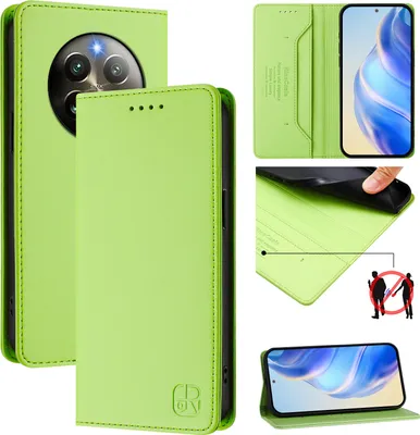 Image de Étui en cuir pour Realme 13 4G/Realme 12+/Realme Narzo 70, étui à rabat avec fentes pour cartes, portefeuille et support Vert