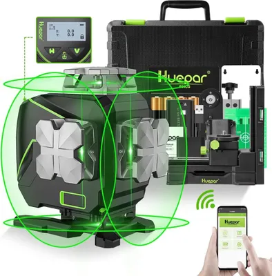 Obrázok produktu pre Huepar S04CG 4D, laserový nivel s 16 lúčmi, automatickou nivelizáciou, LCD displejom, Bluetooth, USB-C nabíjacím portom, vodotesnosťou IP54, batériou a konektorom pre európsku zásuvku