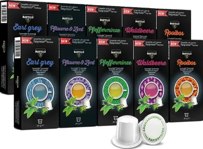 Produktbild von PROBIERSET 1 Teekapseln - NUR FÜR NESPRESSO®* MASCHINEN KOMPATIBEL - Kapseln 100% industriell kompostierbar - Frische, aromatische Blätter - 100 Kapseln