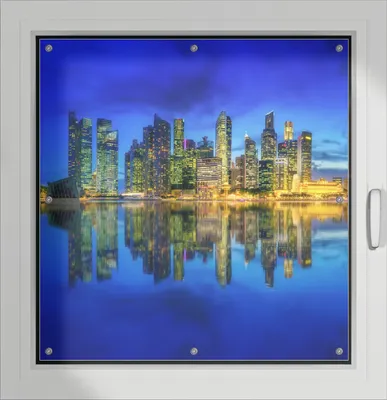 Produktbild von Wallario Lichtschutzbild, Dekorativer Sichtschutz Sonnenschutz 96 x 93 cm mit Motiv: Skyline von Singapur in der Abenddämmerung - Verdunklung ohne Bohren
