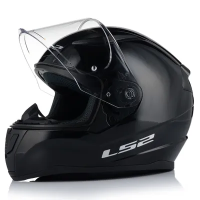 A black LS2 motorcycle helmet with a clear visor is shown against a white background.