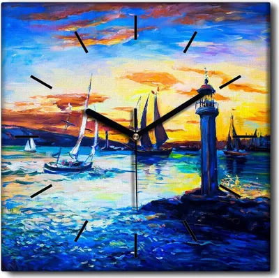 Produktbild von Coloray Uhr auf Leinwand 30x30 cm Wand Uhr Dekoration Wohnzimmer Segeltuch schwarze Hände -Leuchtturmboot