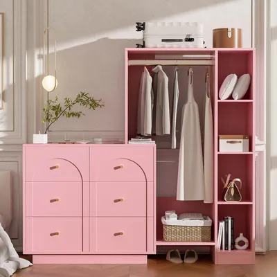 Produktbild von Merax Garderobenset, Kommode mit 6 Schubladen und offener Kleiderschrank mit Kleiderstange, Regale, Wandgarderobe, für Schlafzimmer, Flur, Rosa