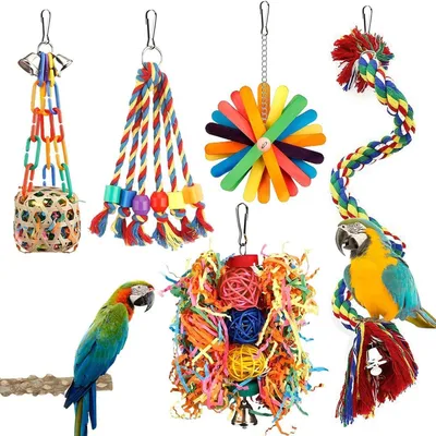 Immagine prodotto di Set di 5 giocattoli per uccelli, adatti per parrocchetti ondulati e parrocchetti monaco, colorati, in legno e rattan