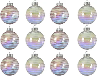 Produktbild von Weihnachtskugeln Kunststoff mit Streifen 8cm klar irisierend, 12er Set