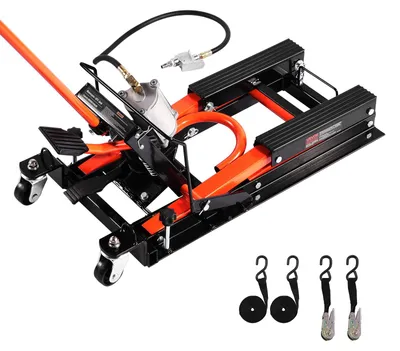 Produktbild von VEVOR Motorradheber, 1500 lbs Tragfähigkeit, hydraulischer und pneumatischer Motorradwagenheber, Höhenbereich von 4,1-15 Zoll, robuster Fahrradreparaturständer mit abnehmbarer Rampe und 2 Rollen für ATVs, Dirt Bikes, Pneumatisch, 1500 lbs
