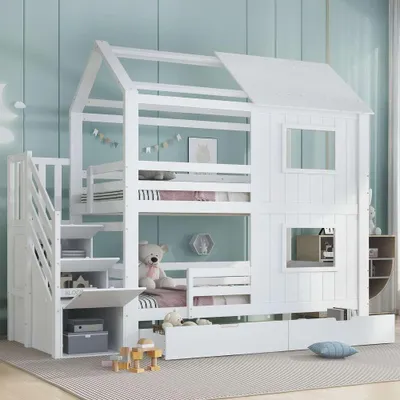 Produktbild von Kinder-Etagenbett mit Treppenschrank, Fenster & Dach, stabile Lattenroste, Kiefer/MDF/Sperrholz, Weiß, inklusive Roll-Ausziehschublade, 90x200 cm