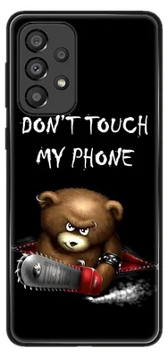 A phone case with a graphic design of a bear holding a chainsaw and text.