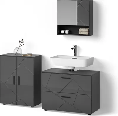 Image de Ensemble meubles bain Livinity Ronco Anthracite Haute brillance 3 pièces, avec meuble bas 80 cm, Model 52709