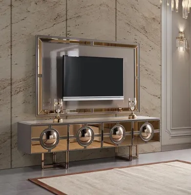 Image de Support TV RTV Lowboard Meuble-paroi Sideboard Or Bois Cadre Moderne