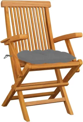 Immagine prodotto di Set di 3 poltrone da giardino pieghevoli in teak con cuscini grigi, poltrone da esterno in legno massello, adatte a un peso massimo di 110 kg per seduta