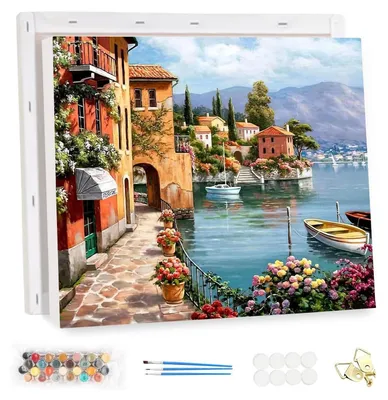 Obrázek produktu pro Sada pro malování podle čísel s rámem, motiv: krajina u moře, rozměry 40x30 cm, pro začátečníky a dospělé, obsahuje akrylové barvy a štětce