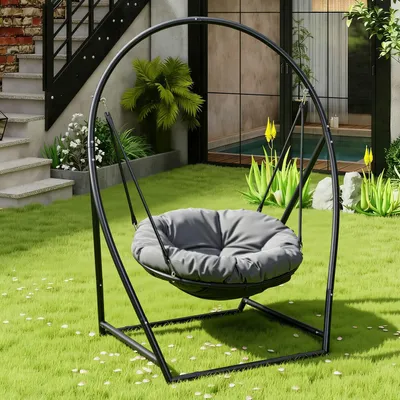 Immagine prodotto di Sedia a dondolo sospesa Vigevee, con struttura e cuscini. Altalena sospesa, sedia a dondolo per interni ed esterni, con portata massima di 150 kg. Include cuscini. Cesto sospeso con struttura in acciaio e cuscino per seduta. Altalena, sedia sospesa, ideale per il giardino