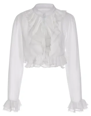 Produktbild von Kurz geschnittene weiße Bluse XS mit Stehkragen, Bischofsärmeln und Rüschen