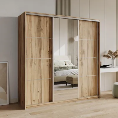 Produktbild von Masseno Schiebetürenschrank VARO 180/205/60 cm Kleiderschrank mit 4 Schubladen Schlafzimmer Schrank 3-türig mit Spiegel Eiche Wotan