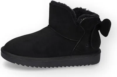 A single black winter boot with a bow detail on the back, shown from the side against a white background.