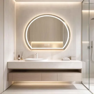 Obrázok produktu pre LED zrkadlo do kúpeľne Zimilo s osvetlením, funkcia proti zahmlievaniu, stenné zrkadlo s reguláciou jasu, 3 farby svetla, oblúkový dizajn, dotykové ovládanie, bez obsahu medi, 80x73 cm, kúpeľňové zrkadlo